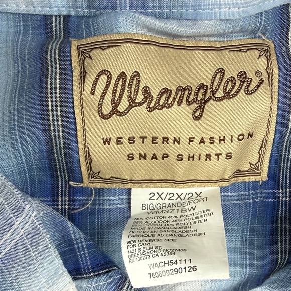 Wrangler Western Fashion Snap Shirt Plaid Blue White Men 2X Big Grande Fort - Picture 8 of 8
